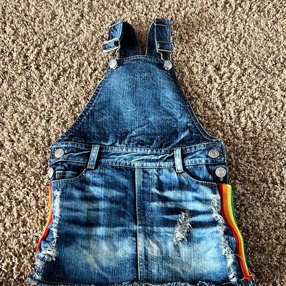 Flowers By Zoe denim distressed overall dress rainbow trim. Size 4 - Picture 1 of 5